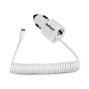 Dual-Port Car Charger - USB with Built-in Lightning Cable - White