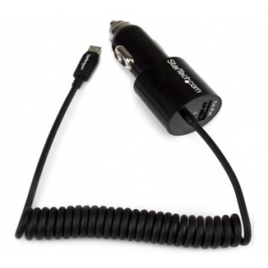 Dual-Port Car Charger - USB with Built-in Micro-USB Cable - Black