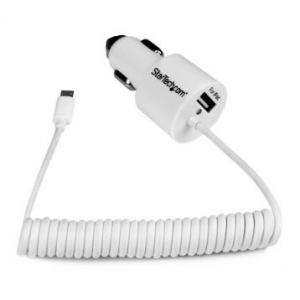 Dual-Port Car Charger - USB with Built-in Micro-USB Cable - White
